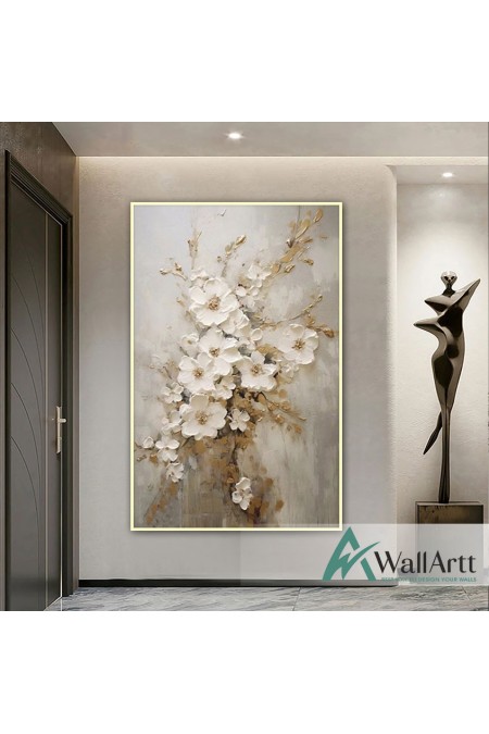 Cream Flowers 3d Heavy Textured Partial Oil Painting